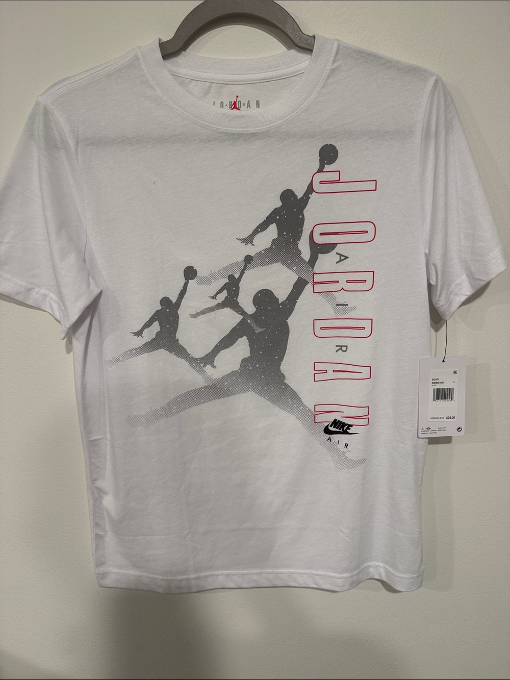Jordan White Tee with Gray Jumpman Graphics and Red Lettering